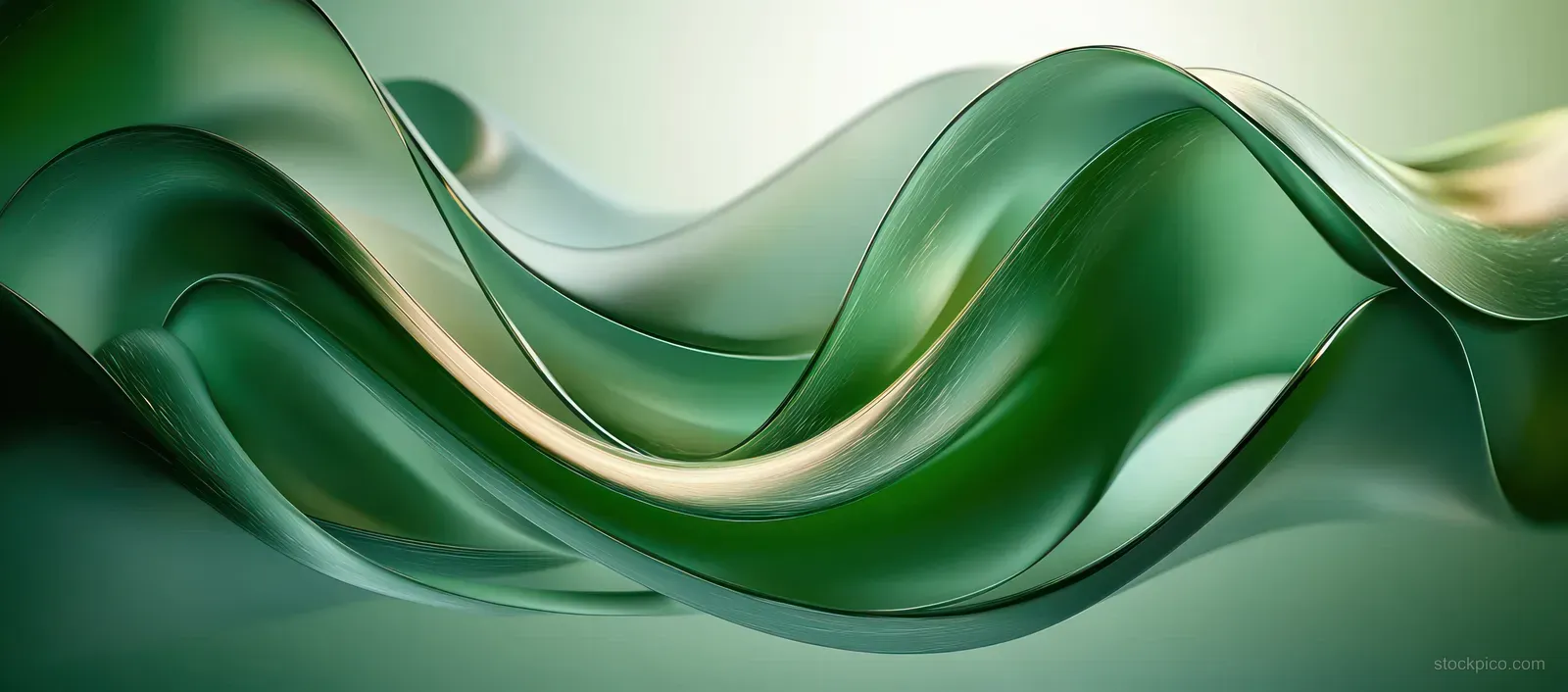 Glossy green and teal abstract waves flow smoothly across a soft gradient background with bright highlights.