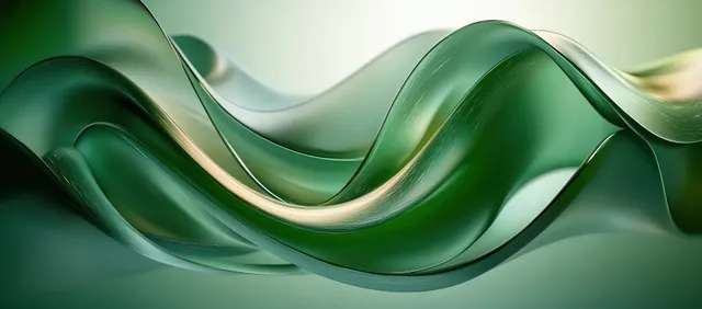 Glossy green and teal abstract waves flow smoothly across a soft gradient background with bright highlights.