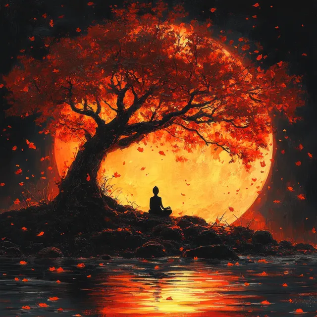 Silhouette of a meditator seated by a bright tree with orange-red falling leaves and a full moon reflection on water.
