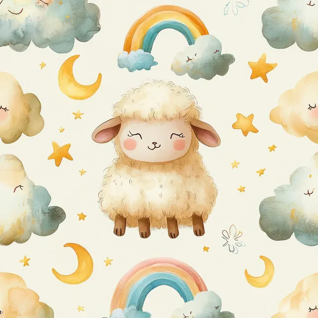 Fluffy cartoon sheep with closed eyes sits in a sky scene with clouds, rainbows, moons, and yellow stars.