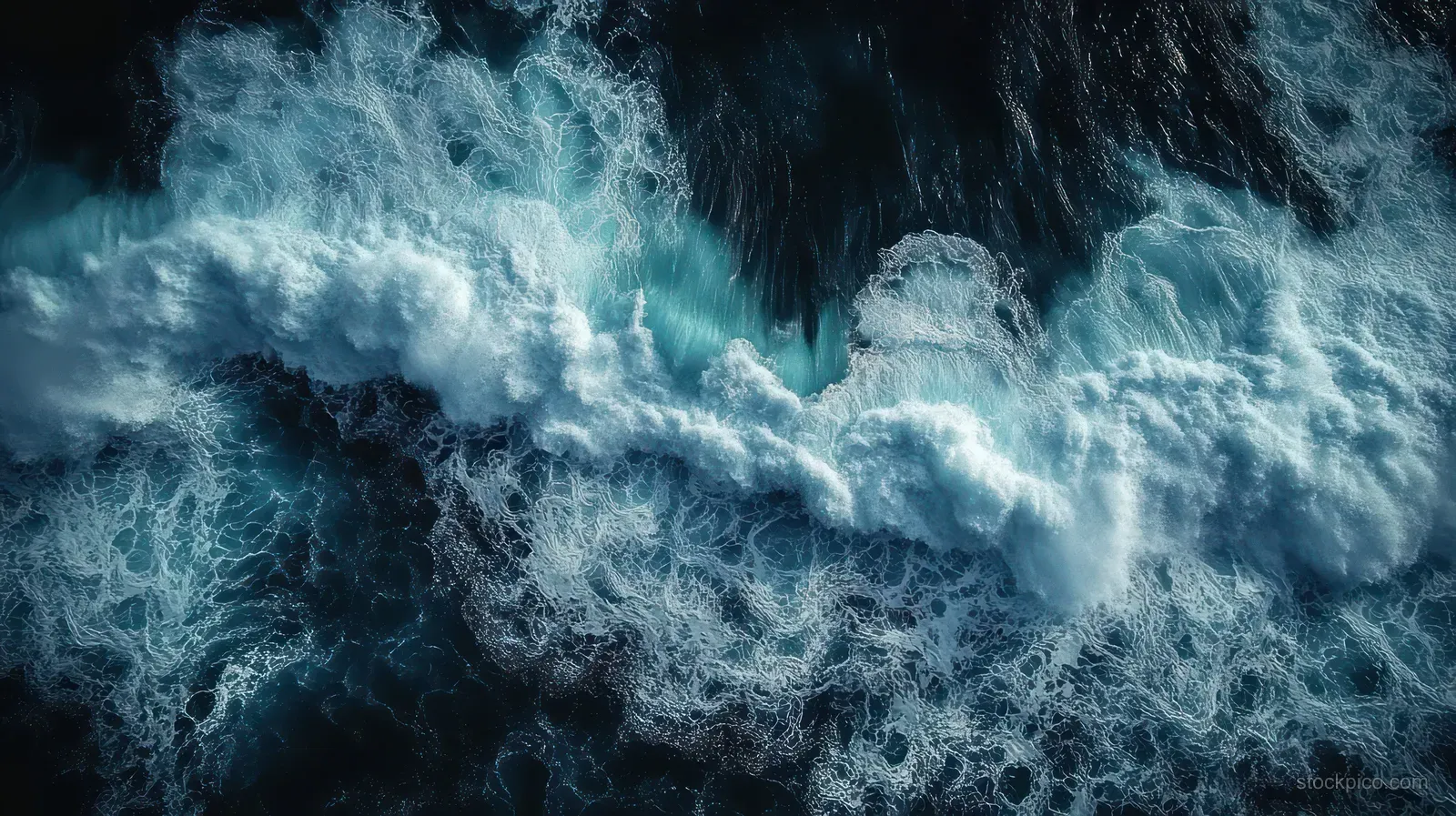 Ocean waves crash and churn deep blue water, creating swirling white foam in a top-down view.
