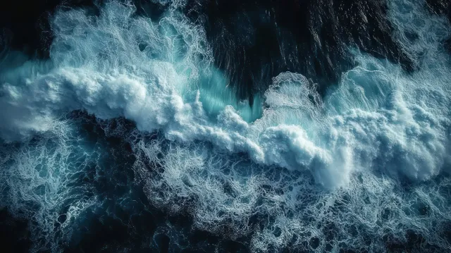 Ocean waves crash and churn deep blue water, creating swirling white foam in a top-down view.