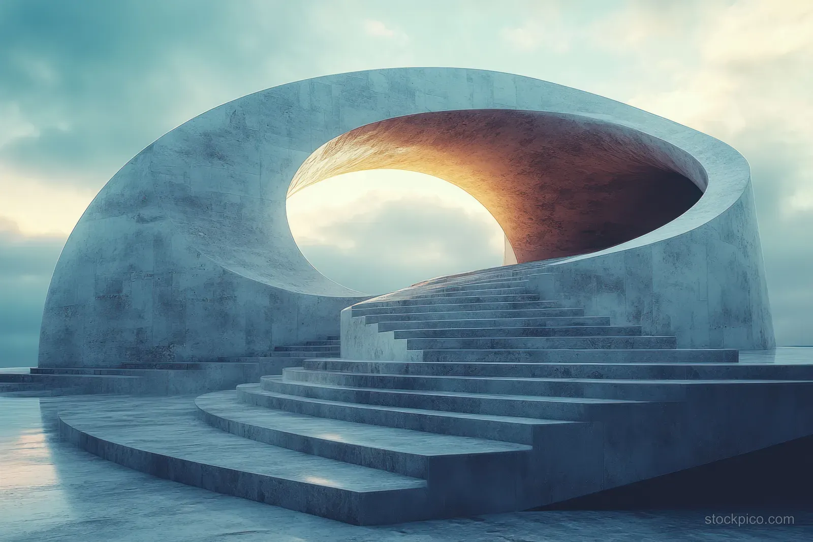 Low-angle view of a circular concrete building with layered steps and a shadowed central opening under soft daylight.