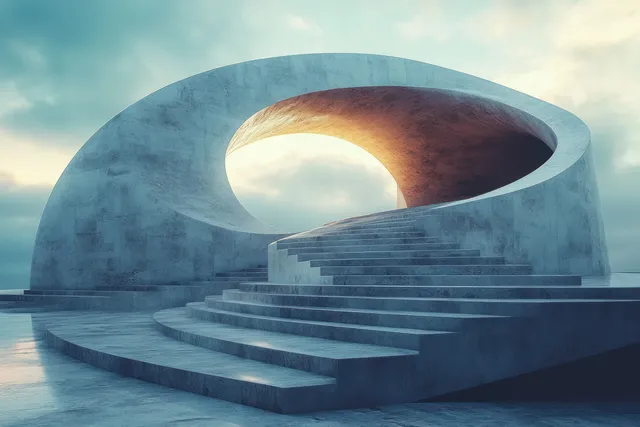 Low-angle view of a circular concrete building with layered steps and a shadowed central opening under soft daylight.