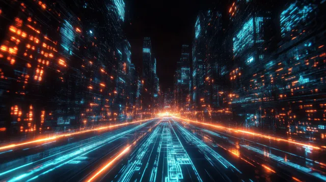 Neon cyberpunk freeway rushing through a mega city at night with light streaks
