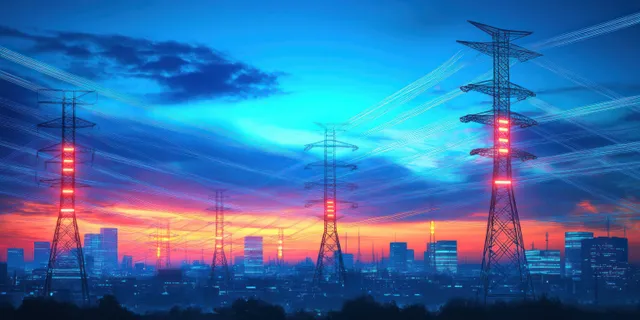 Illuminated electric transmission towers stretch across a city skyline during a blue and orange dusk sunset.
