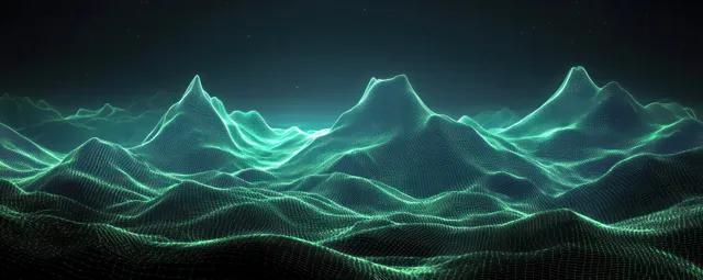 Green neon wireframe mountains undulate across a dark ambient landscape with glowing wave lines.