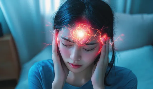 An Asian woman holds her head while a glowing holographic brain appears over her face indoors.