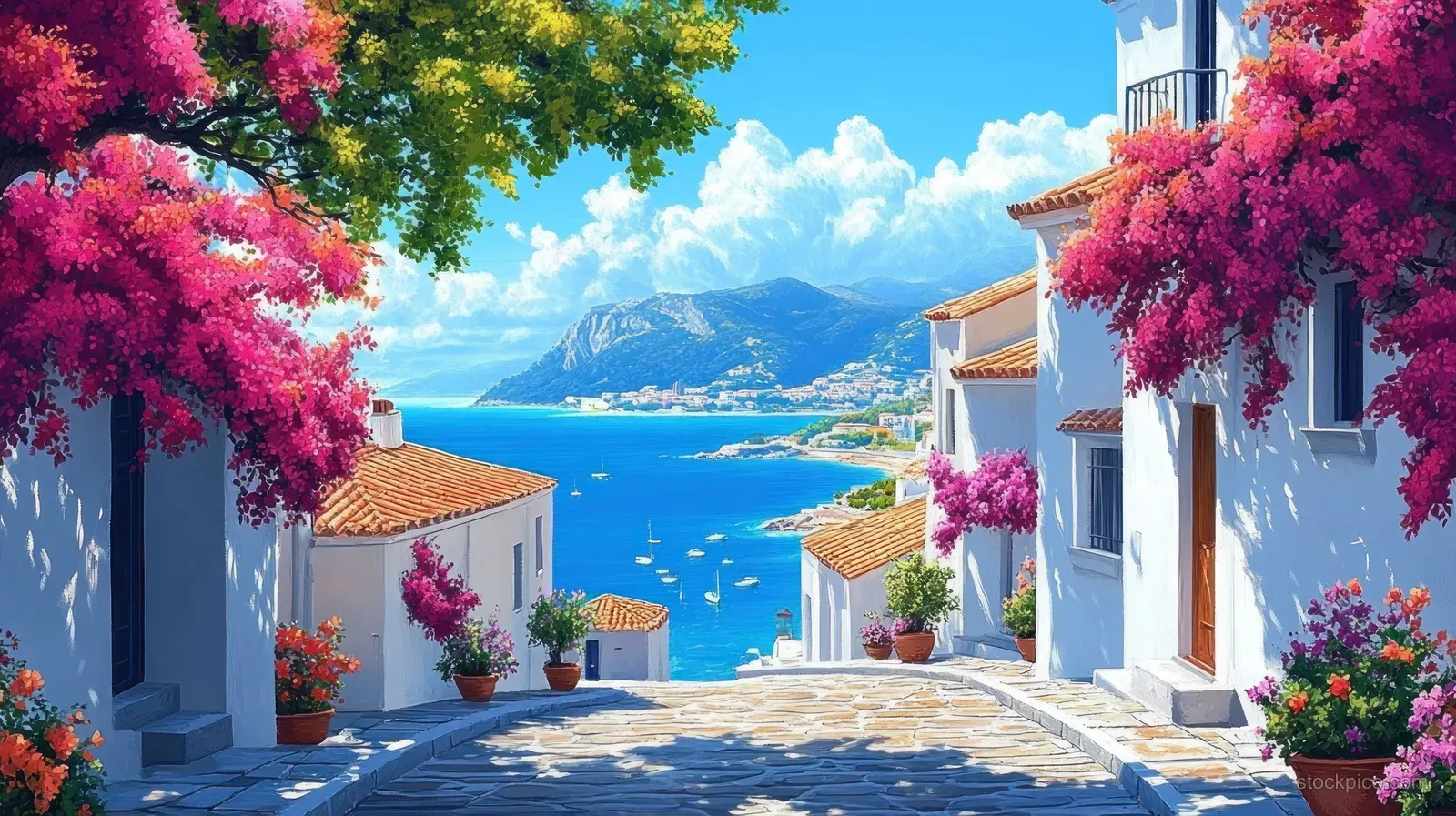 Sunny seaside village lane with white buildings, pink flowering trees, and a blue harbor view toward mountains.
