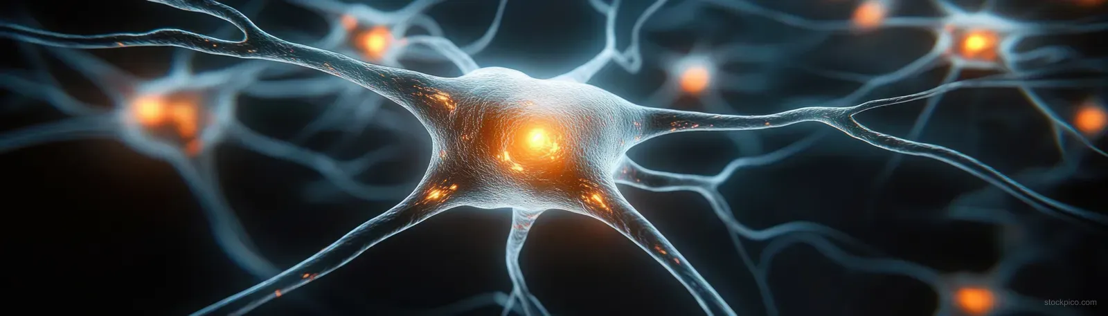 Glowing interconnected neurons with bright synapses form a neural network showing active signal paths across a dark background.