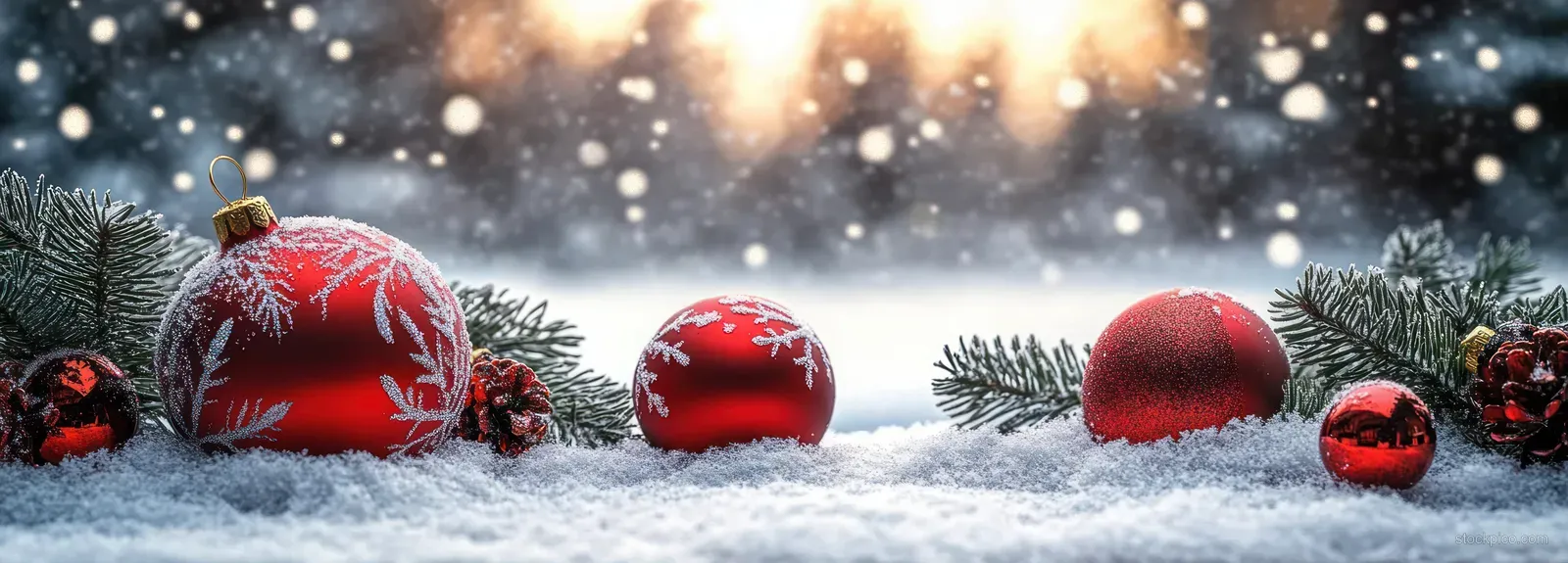 Red Christmas ornaments and pine branches sit on snowy ground with softly glowing holiday lights in the background.