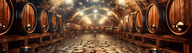 Ultra-realistic underground beer tunnel with wooden barrels, warm lighting, and a cobblestone path for a brewery adventure.