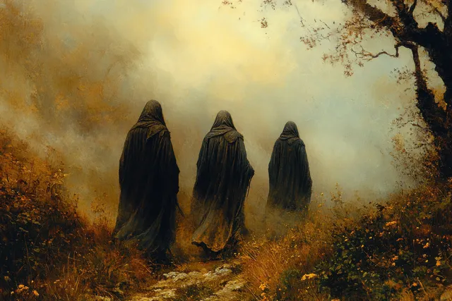 Jesus and disciples walking a rural path through misty fields at dawn