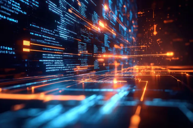 Cyberpunk network nodes and streaming code lines glowing in a futuristic data tunnel