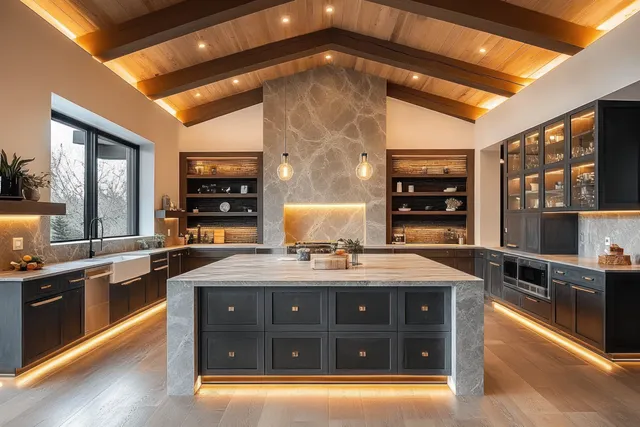 Modern kitchen interior with a large marble island, dark cabinets, wood ceiling beams, and warm pendant lights.