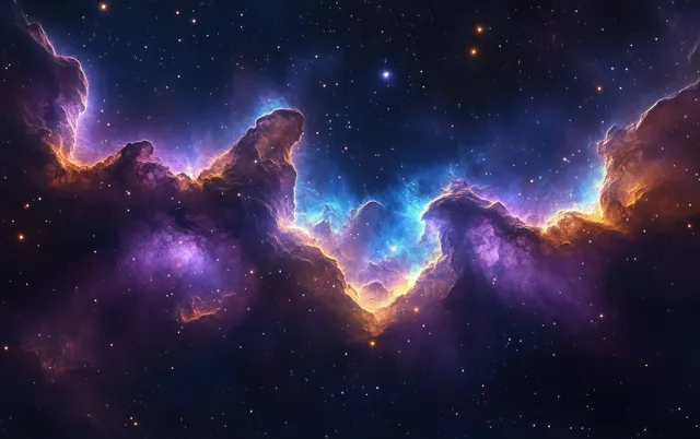 Colorful glowing nebula clouds and bright stars float in dark deep space.