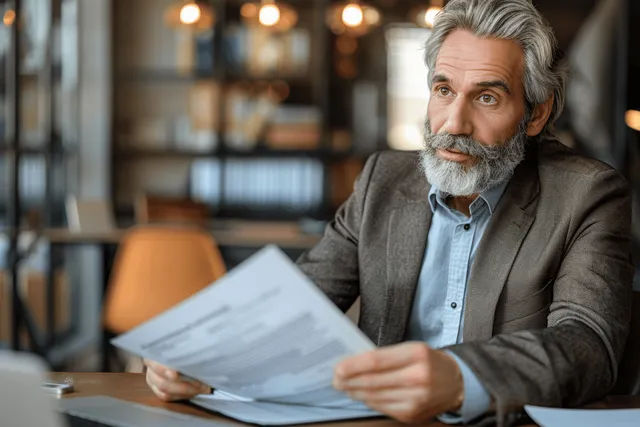 Grey-haired man in a suit holds documents while speaking at an office desk with papers and warm lighting behind him.