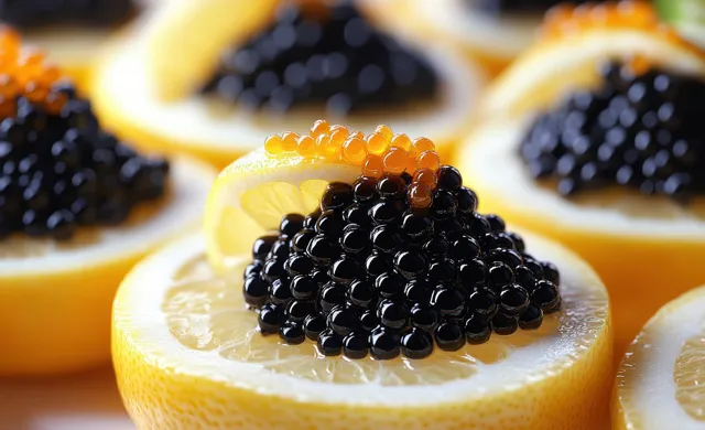 Black caviar sits on lemon slices beside cream cheese and chives in a softly lit appetizer still life.
