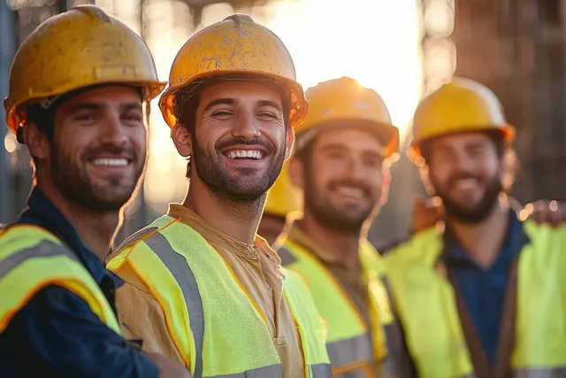 Four construction workers in yellow helmets and reflective vests smile outdoors with warm sunlight behind them.