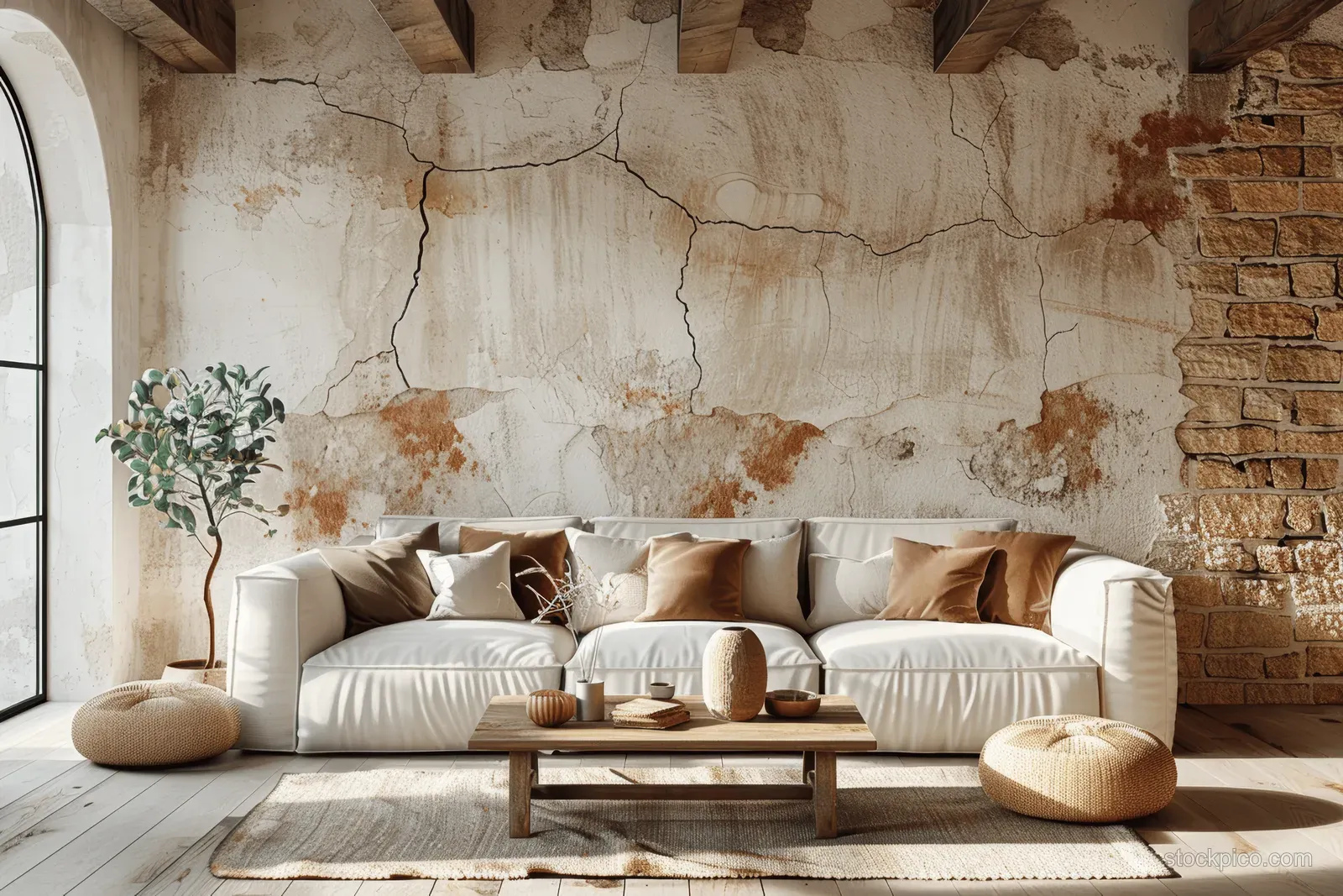 White sofa and low wooden coffee table sit in a rustic living room with stone wall textures and natural light.