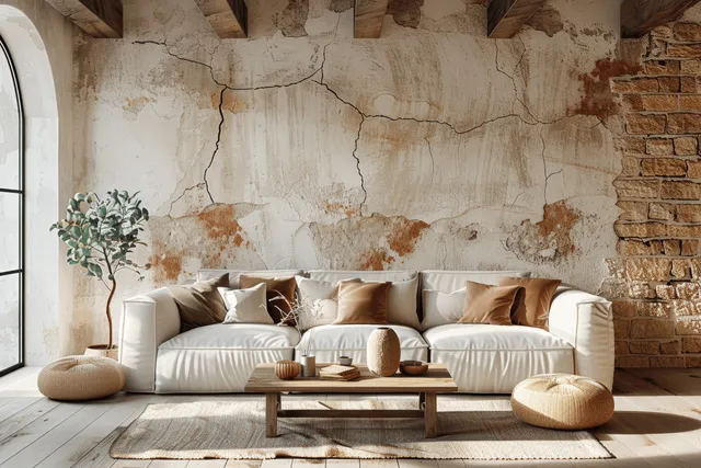 White sofa and low wooden coffee table sit in a rustic living room with stone wall textures and natural light.
