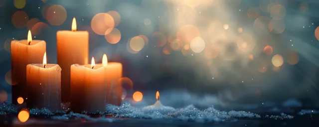 Burning candles glow with warm flames on a cool night background, soft bokeh lights