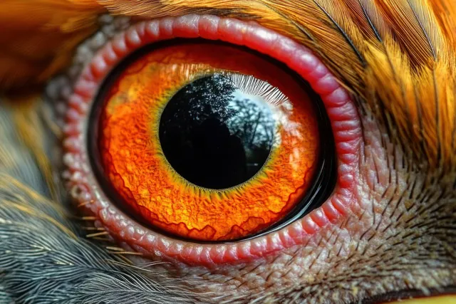Macro close-up of a chicken eye with vivid orange iris and feather texture with Shallow Depth Of Field