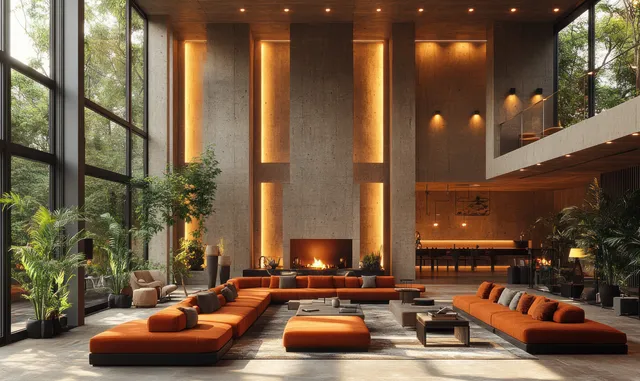 Geometric orange lounge seating in a modern atrium, illuminated by warm spotlights and surrounded by plants.