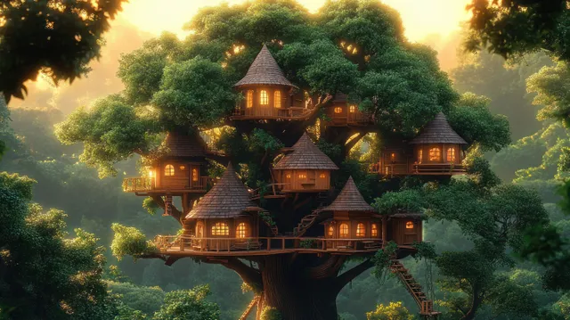 A giant tree holds warmly lit wooden treehouses connected by walkways and ladders amid dense green forest at golden hour.