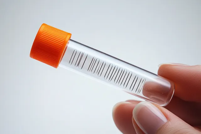 Hand holding clear plastic test tube with orange cap and measurement scale close-up with Laboratory Testing