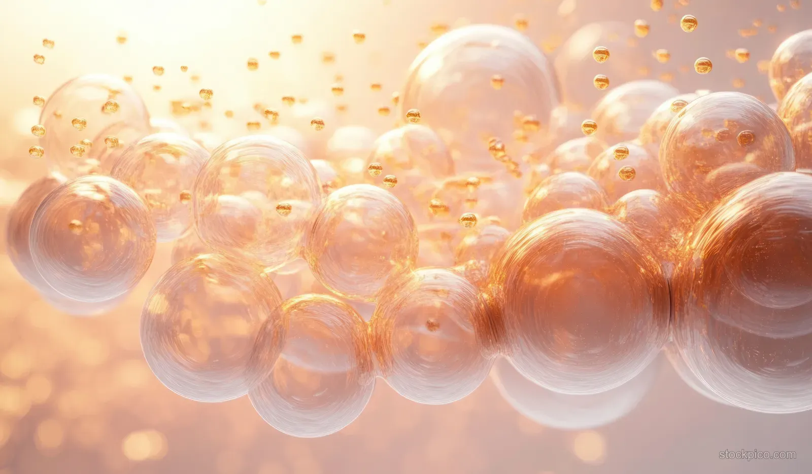 Translucent serum bubbles glow warmly across an abstract background suggesting vitamin C collagen care.