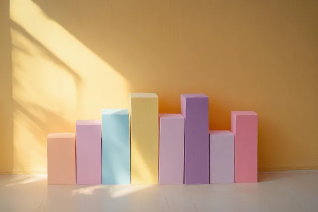 Pastel geometric blocks lined up on a white floor against an orange wall