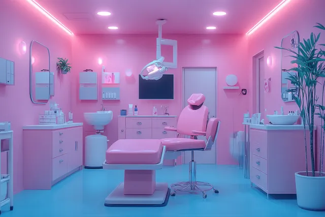 Sterile clinic treatment room with pink lighting, exam table, and medical equipment for a dermatology procedure.