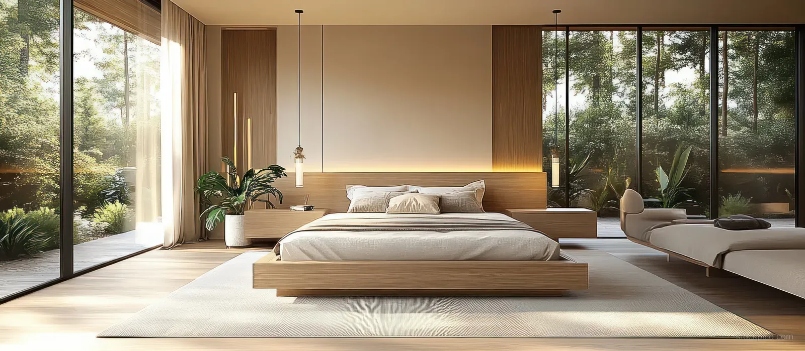 Low wooden bed with neutral linens in a bright modern bedroom, with indoor plants and a green outdoor view through large windows.