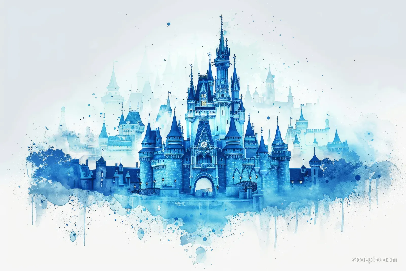 Blue watercolor fairy-tale castle with tall towers and mist splashes isolated on a white background.