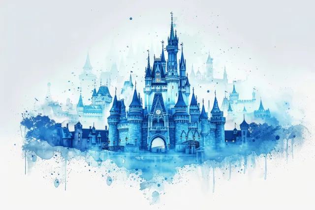 Blue watercolor fairy-tale castle with towers and mist on clean white background