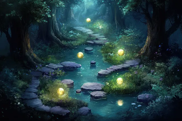 Glowing orbs hover over stone water pools in a misty underground forest clearing at night.