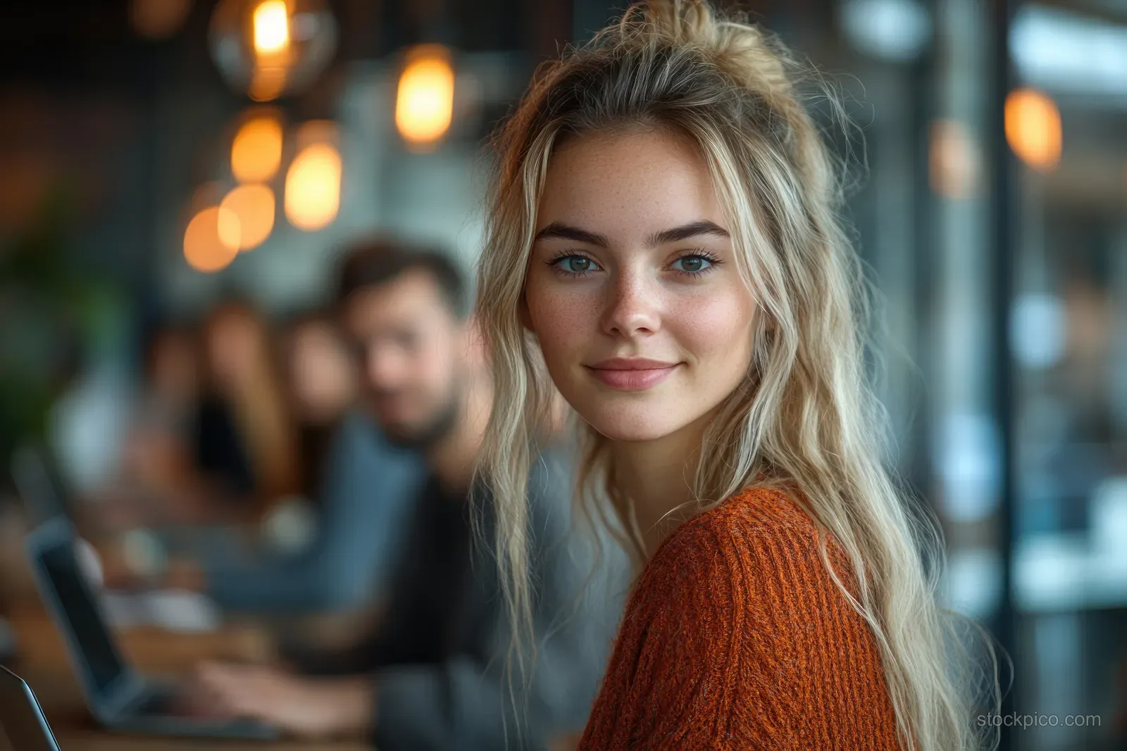 Young woman seated at a coworking cafe with a laptop, warm lights, and blurred people behind her.