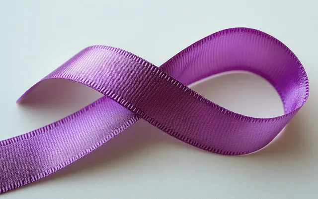 Purple epilepsy awareness ribbon tied in a loop on a light background