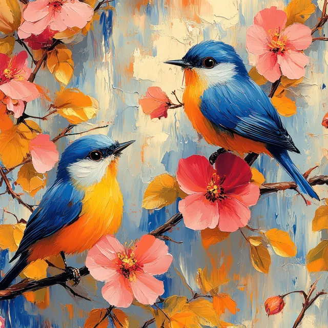Two blue birds sit on flowering branches against a painterly, colorful blue background.