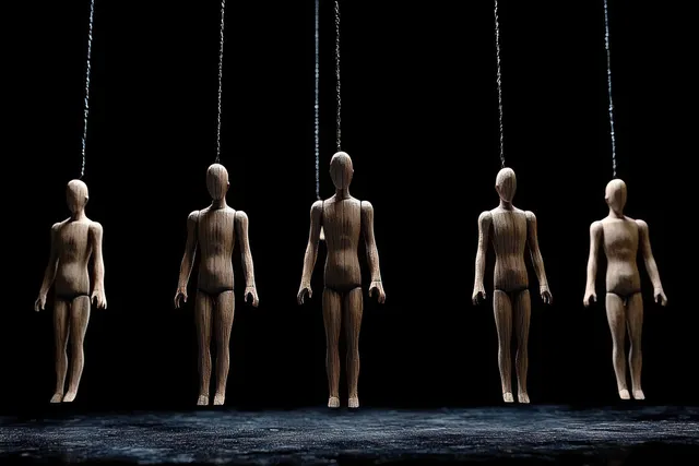 Wooden marionette bodies hang in a vertical line from strings against a black background.