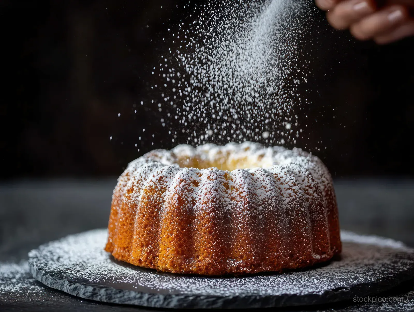 Powdered sugar is being sprinkled over a golden bundt cake on a dark slate board.
