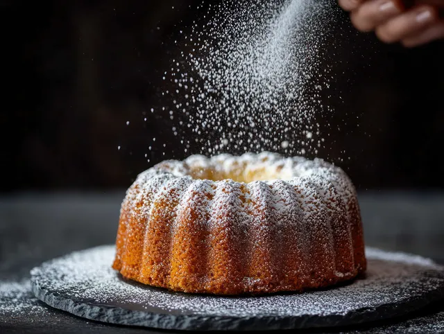 Powdered sugar is being sprinkled over a golden bundt cake on a dark slate board.