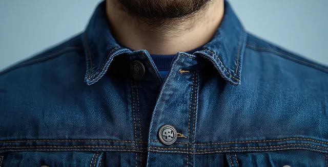 Close-up of a navy shirt collar with stitched placket and button detail under soft diffused light.