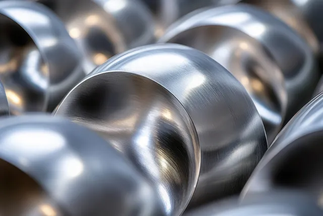 Shiny cylindrical metal coils lie in rows, their curved surfaces reflecting bright highlights.