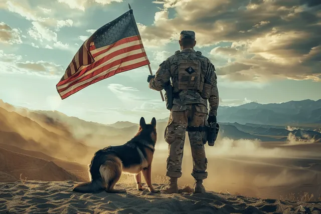 American soldier stands with German shepherd holding flag on mountain ridge at dusk