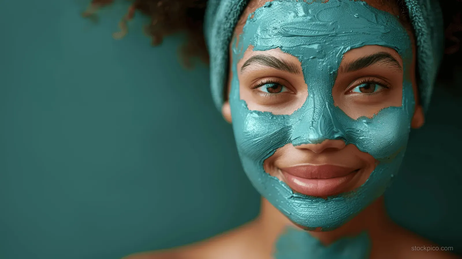 Smiling African American woman wearing a green clay face mask with a head wrap against a dark teal background.