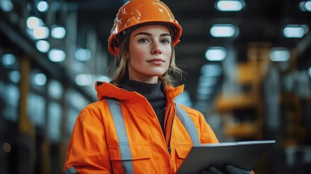 Industrial worker in orange safety gear holding a tablet in a metal manufacturing warehouse with blurred machinery lights.