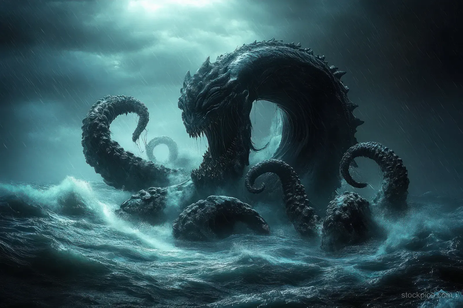 A giant tentacled sea monster emerges from a stormy, rain-swept ocean with dark churning waves.