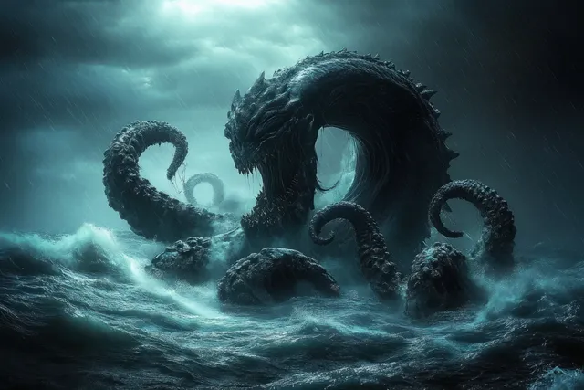 A giant tentacled sea monster emerges from a stormy, rain-swept ocean with dark churning waves.